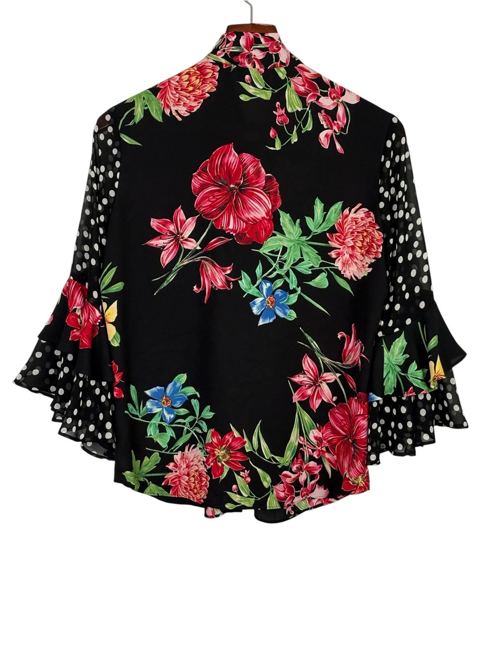 Joseph Ribkoff Mixed Media Floral Polka Dot Ruffle Tie Neck Blouse Size 8 - Picture 8 of 14